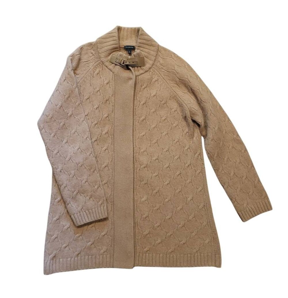 Talbots Cardigan Sweater Jacket Women's XL Tan Cable Knit Merino Wool Cashmere